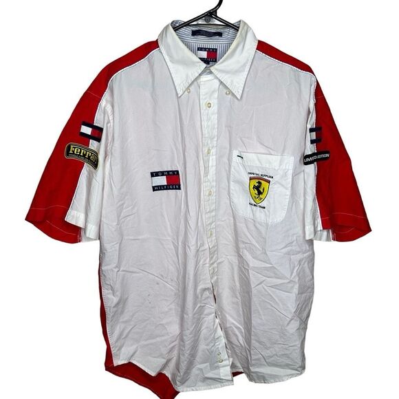 Y2K Tommy Hilfiger Ferrari Flag Logo Racing Shirt Mens Short Sleeve Button Up La - Picture 1 of 7